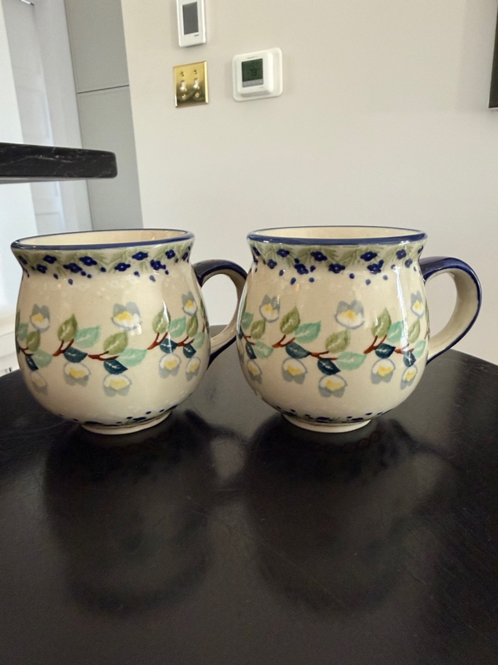 Hand-Painted Floral Ceramic Mugs in Cream and Blue — Set of 2